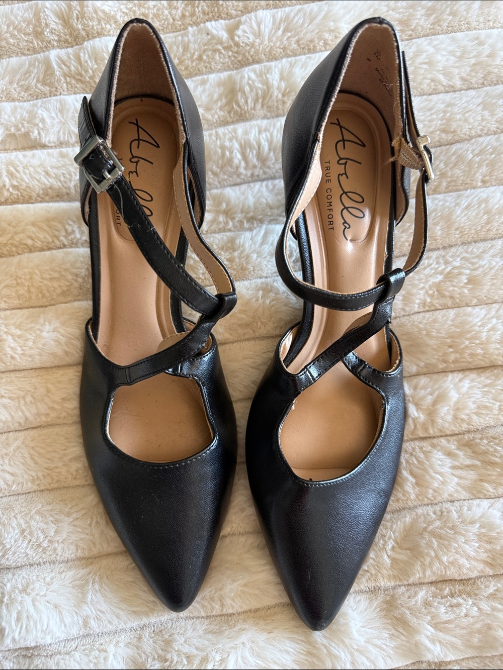 Abella Black Pointed T-Strap Pumps with Side Buckle